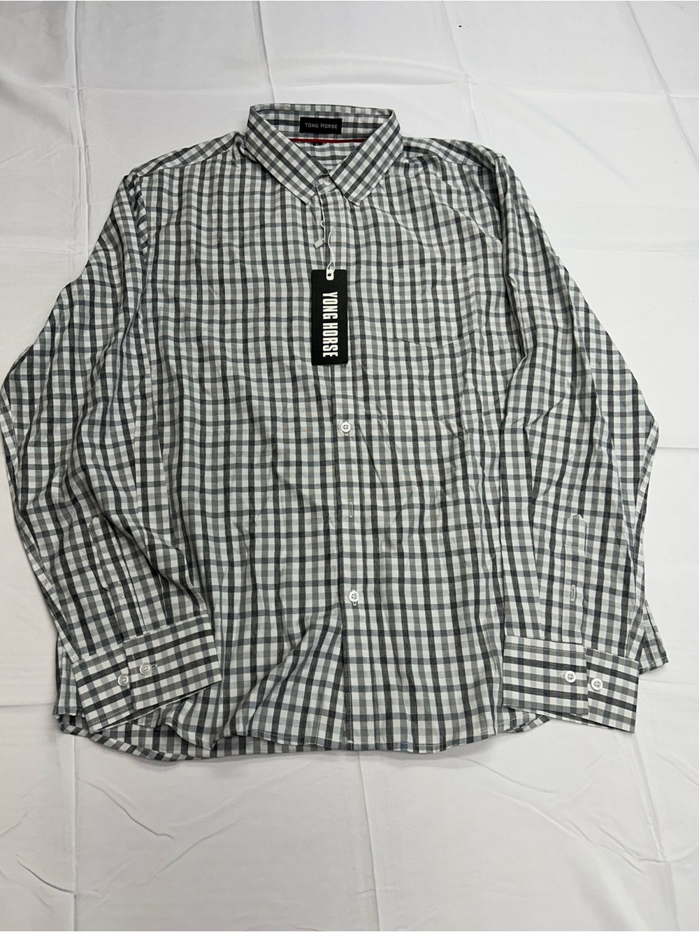 NWT YONG HORSE Men's Long Sleeve Plaid Button Down Grey White Check Size XL